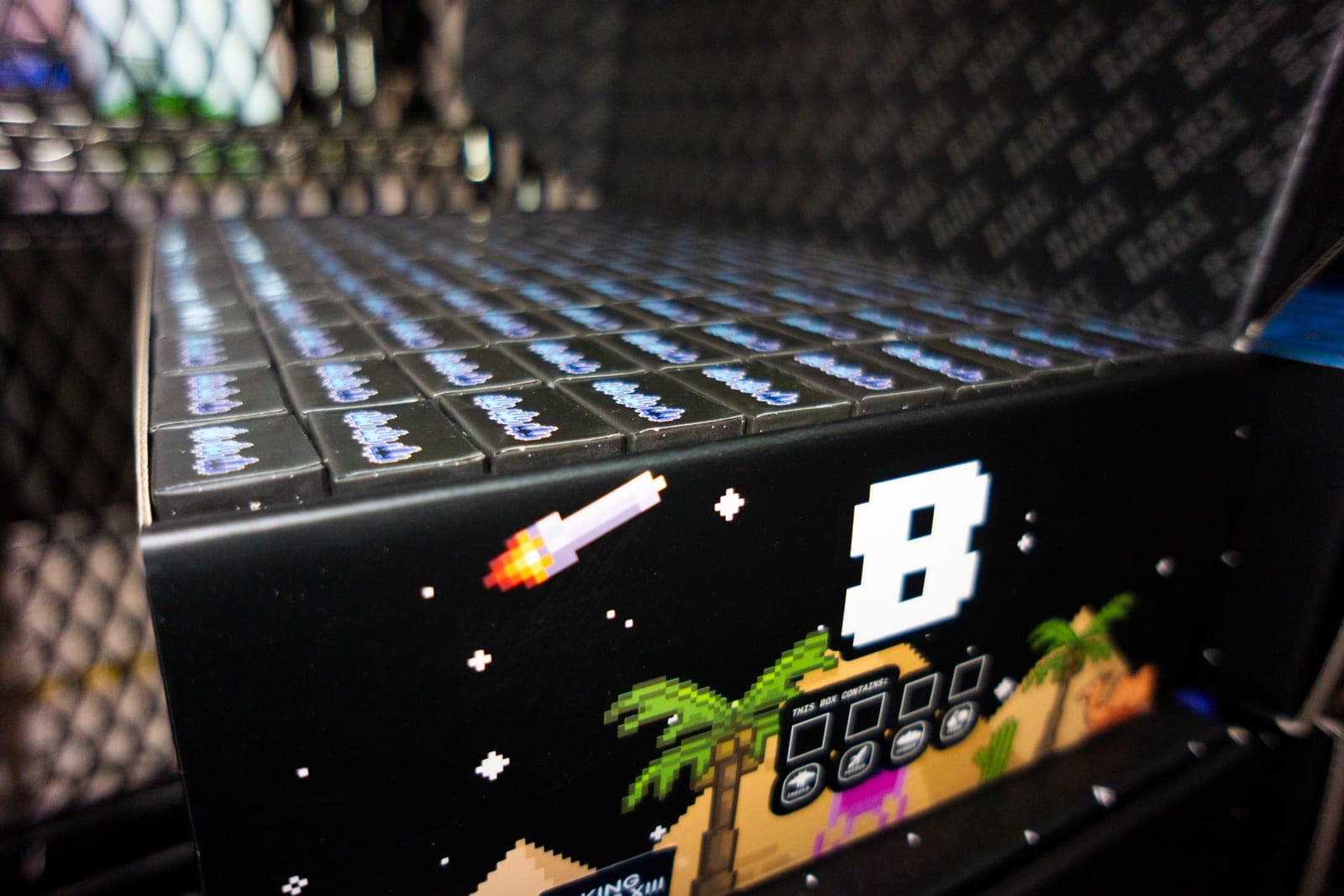 8 Bit Buds product cases packaged and staged for licensed retailers